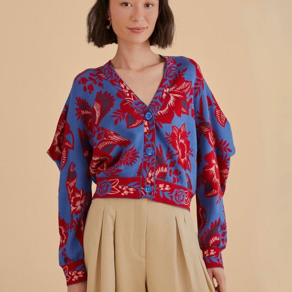FARM Rio Blue Lace Garden Cardigan - Blue + Red - Size M